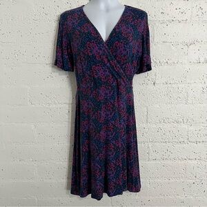 41 Hawthorn Womens Dress L Blue Pink Abstract Floral Stretch Midi Faux Wrap Y13